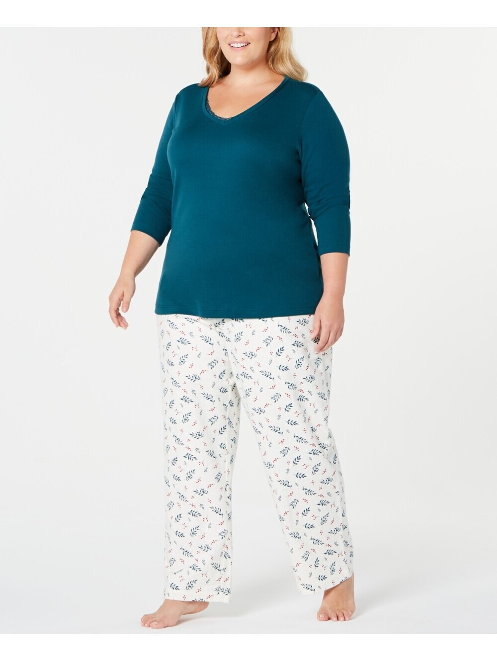 Charter Club Womens Plus Size Lace-Trim Top & Printed Pants Pajama Set Size 2X